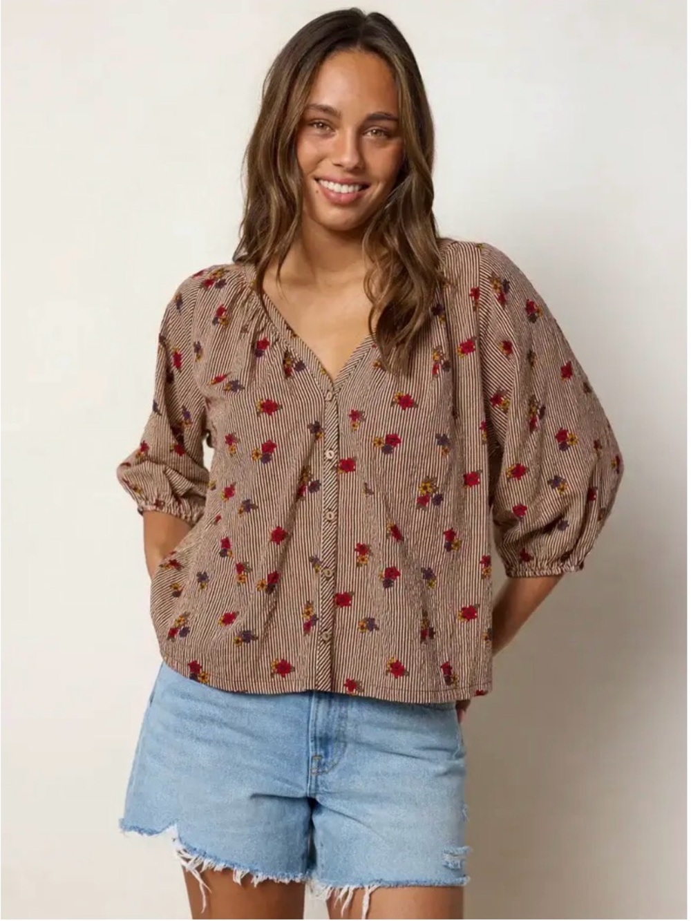 NATURAL LIFE Brown Striped Blouse with Red & Mustard Floral Print